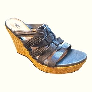 UGG Melinda Blue Leather Woven Strap Tan Platform Slip-On Wedge Sandals Size 9.5